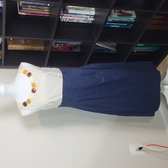 BODEN Navy Cream Sheath Long Length Midi Dress with Large Beaded Neckline (Tall) - Picture 4 of 14